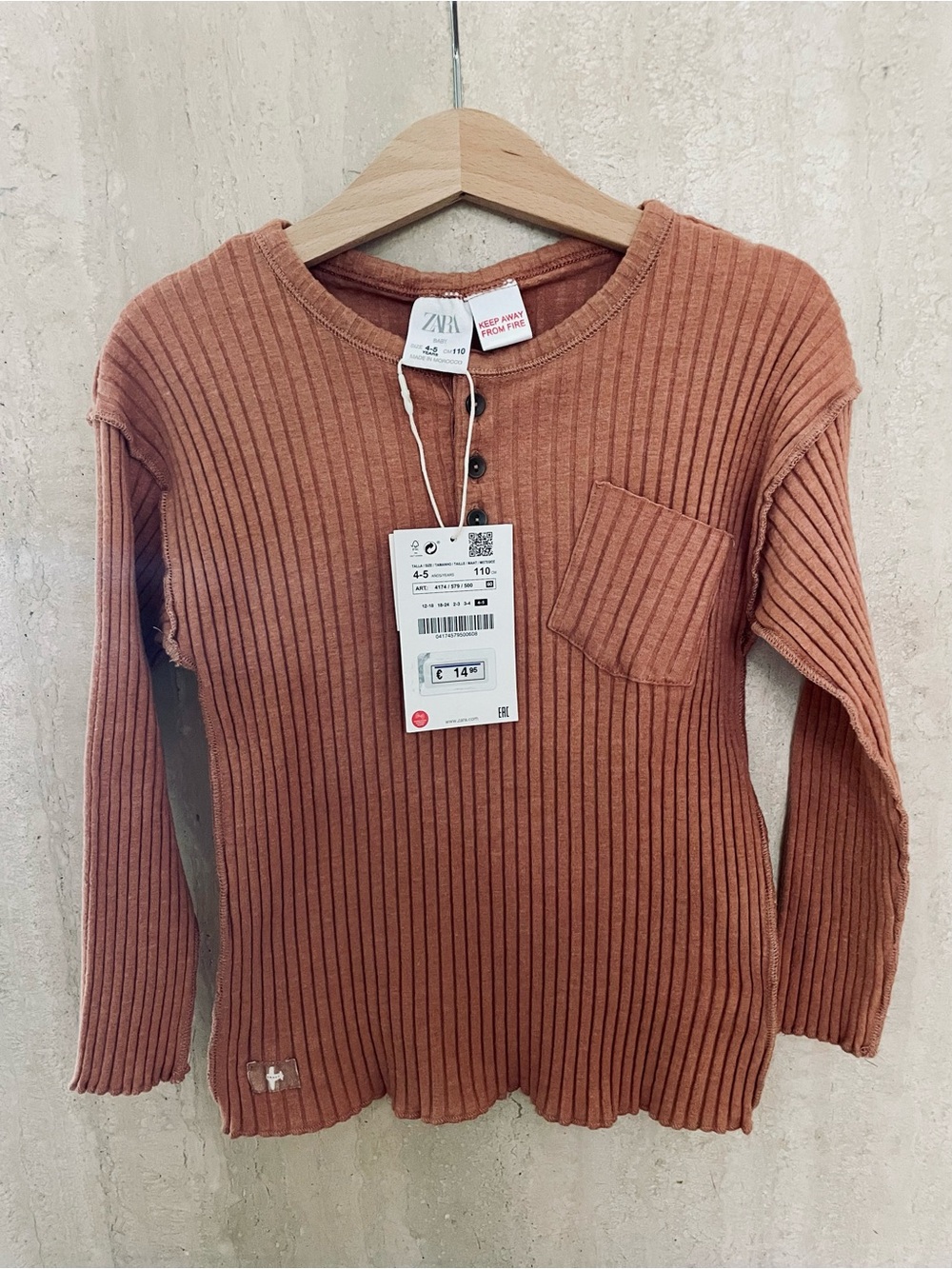 Zara Girls Ribbed Button-Neck Sweater in Rust Brown